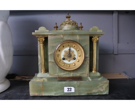 Good quality 19thC Green Onyx Mantel clock with gilded decoration and numeral dial. 33cm in Height 