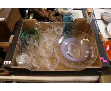 Box of assorted Pressed and Cut Glassware to include Frosted glass Art Deco dish, Rummers etc.