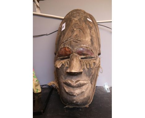 Large Vintage Ivory Coast wooden mask with applied copper and wire decoration 43cm in Length 