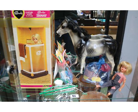 Collection of Sindy Pedigree boxed Shower, Patch figure and assorted accessories