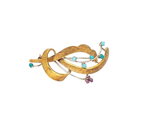 A turquoise and ruby brooch, three claw set round faceted rubies and six round cabochon turquoise, textured finish, dimension