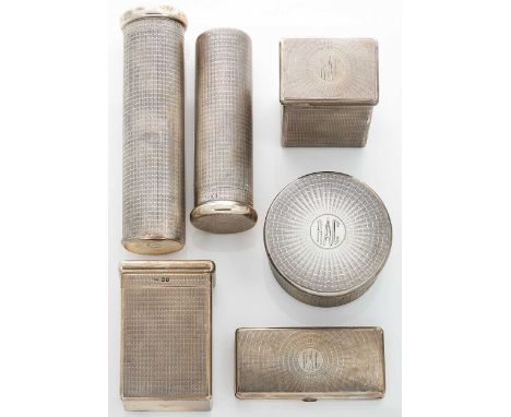 A George V silver gentleman's 5-piece travelling toilet set with one addition, mark of John Collard Vickery, London 1916, eac
