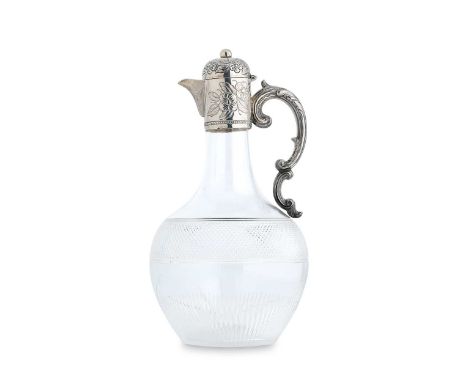 A Victorian silver mounted glass claret jug, mark of Thomas Young, London 1891, globular shaped body with a band of hobnail d