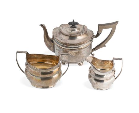 An Edward VII and later silver harlequin 3-piece tea set, the teapot with mark of William Aitken, Birmingham 1905, of oval fo