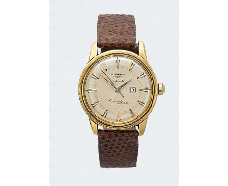 Longines - An 18ct gold 'Conquest Calendar' wristwatch, circa 1959, model 9005.31, circular champagne dial with silvered chap