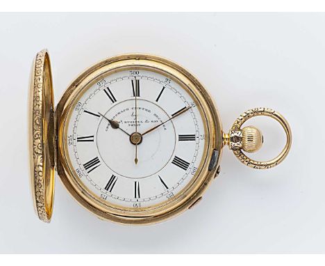 Thomas Russell, London - A 19th century 18ct gold chronograph hunter pocket watch, circa 1896, white dial with black Roman nu