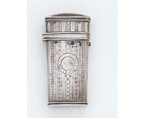 A Victorian silver etui, mark of Alfred Taylor, Birmingham 1855, of tapering rectangular form, outer with panels of bright cu