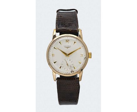 Longines - A 9ct gold wristwatch,  circa 1958, model number 13362, circular cream coloured dial with gold coloured batons and