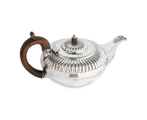A George IV silver tea pot, mark of John Cope Folkard, London 1822, of squat, circular form, central reeded girdle and upper 
