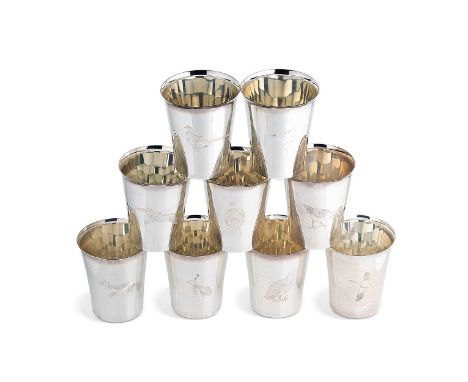 A set of 9 Elizabeth II silver beakers, probable mark of Mark Houghton, Sheffield 1990, each straight sided with flared upper