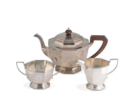 A George V silver 3-piece tea set, mark of Mappin &amp; Webb, Sheffield 1934, Jubilee marked, the teapot of octagonal panelle
