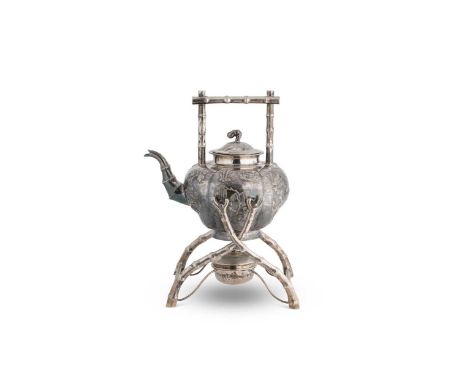 A late 19th century Chinese metalwares kettle and stand, probable retailer's mark of Wo Long, Canton, the pot of traditional 