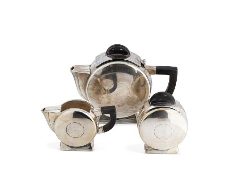 A silver plated Art Deco style 3-piece tea set,  apparently unmarked, in the style of model 'Tonnelet' by Christian Fjerdings