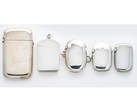 A collection of 5 Victorian and later arch topped silver vesta cases, each with hinged cover and strike to the base, marks of