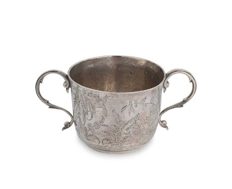 A George V silver two handled porringer, mark of Robert Frederick Fox, London 1910, the side engraved in the Chinese style wi