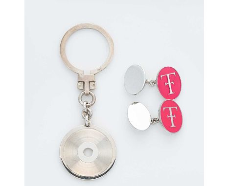 Theo Fennell - A silver keyring and a pair of silver and enamel cuff links, the key ring with locking wire fitting, the dropp