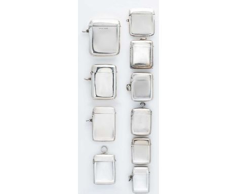 A graduating collection of 10 Victorian and later silver vesta cases, each of plain rectangular form, with hinged cover and s