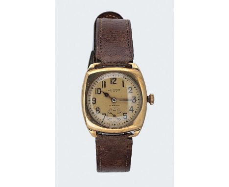 Waltham, Mass - A 9ct gold wristwatch circa 1936, circular champagne dial with gold coloured Arabic numerals and hands and su