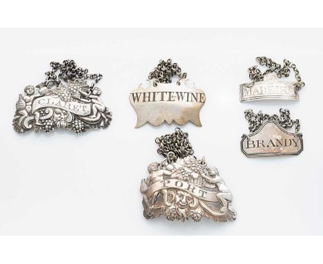 An unusually heavy George III silver bottle label along with 4 others, mark of Thomas Phipps, Edward Robinson &amp; James Phi