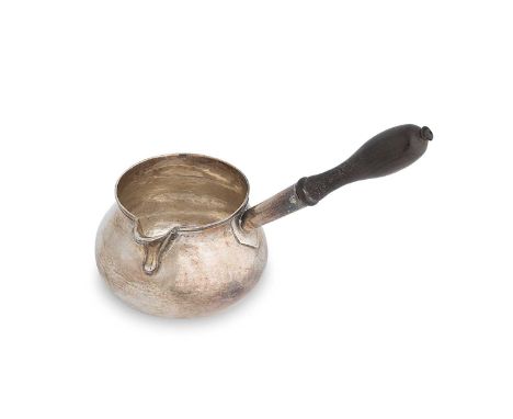 An early George II silver brandy pan, mark of Robert Lucas, London 1730, of baluster form with sparrow beak spout and side pl