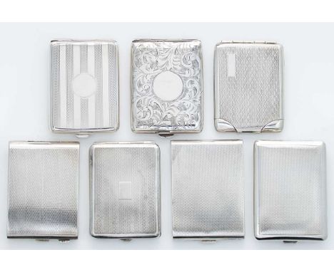 A collection of 7 early 20th century silver book match holders, each of typical rectangular design, engraved all over with hi
