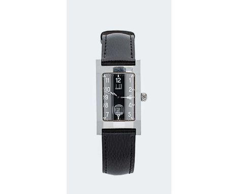 Dunhill - A steel 'Dunhillion' wristwatch, vintage unknown, rectangular black dial with white Arabic numerals, hands, centre 