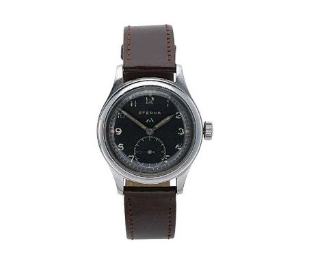 Eterna - A rare steel 'WWW Dirty Dozen' military issue wristwatch, circa 1945, circular black dial with pheon mark, Arabic nu