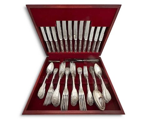 A 54-piece set of 19th century French metalwares silver flatware with 26 additions, mark of Pierre Queillé, Paris, Minerva 1s