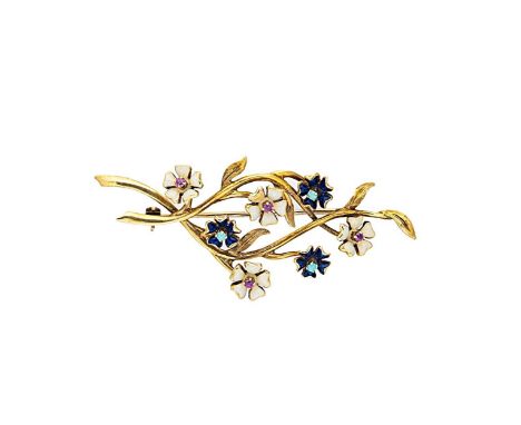 A ruby, turquoise and enamel floral brooch, seven enamelled flowers set with either a round faceted ruby or a round cabochon 