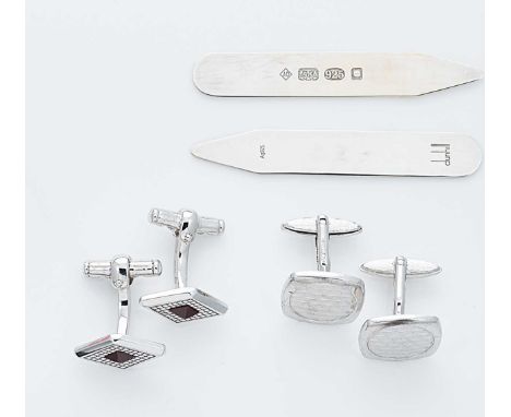 Dunhill - A pair of silver collar stays and two pairs of silver cuff links, the collar stays of traditional form, signed to o