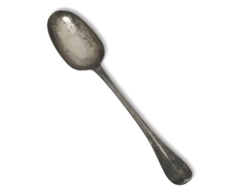 A George I Britannia silver spoon, probable mark of Isaac Davenport, London 1714, ‘Hanoverian’ pattern with rat tail, verso e