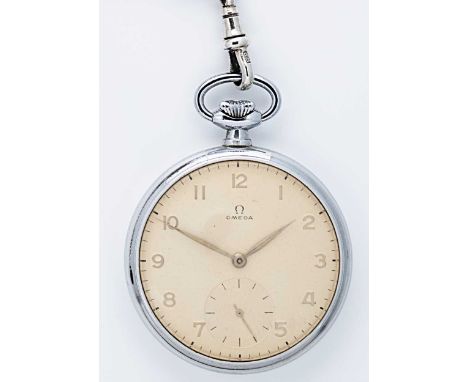Omega - A steel pocket watch with a silver 'double Albert' chain, fob & vesta case, circa 1966, cream coloured dial with gold