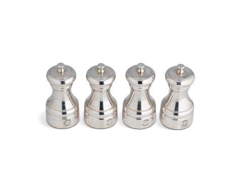 A set of 4 Elizabeth II silver pepper grinders, mark of Asprey, London 1991, each of traditional capstan form, crested, signe