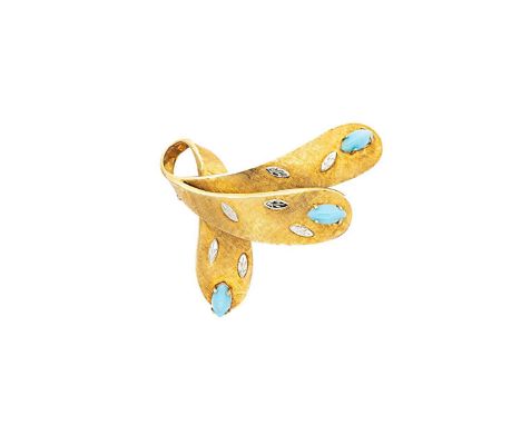 A late 20th century turquoise brooch, three claw set turquoise, with diamond cut detail and a textured finish, dimensions 4.6