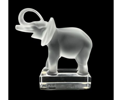 Lalique frosted glass model of an African Elephant, on clear rectangular plinth, H15.5cm