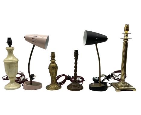 Two vintage Pifco adjustable desk lamps, brass corinthian column table lamp, together with three other table lamps