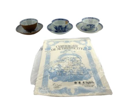 Three Chinese 18th century Nanking Cargo porcelain tea bowls and saucers, all but one bearing Christies lot labels beneath an