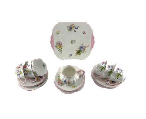 Shelley "Wild Flowers" tea set comprising six cups and saucers, six tea plates, milk jug and sandwich plate, pattern no. 1366