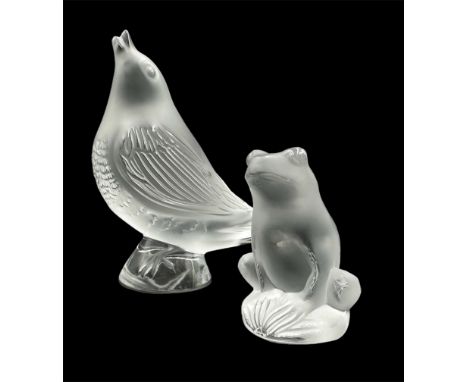 Lalique frosted glass model of a Frog and a singing Robin, H9.5cm (2) 