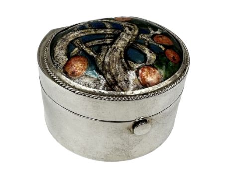 Modern silver box, of rounded form, the cover mounted with an Arts &amp; Crafts enamel panel of an orange tree by H G Murphy,