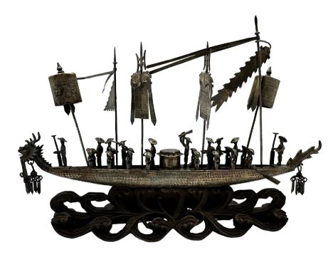 19th century Chinese Export silver model of a Dragon boat, with rowers and musicians, on pierced hardwood stand, L20cm approx