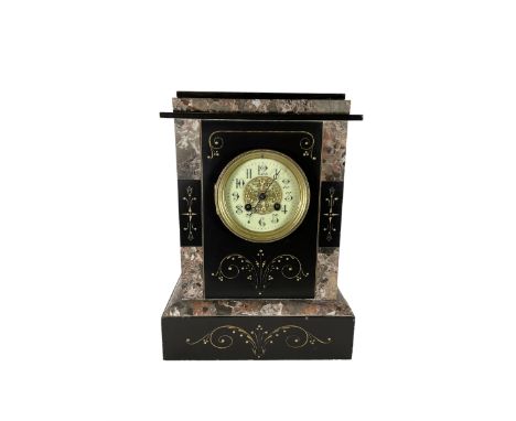 French -  late 19th century 8-day mantle clock in a Belgium slate and variegated marble case, rectangular case with a flat to