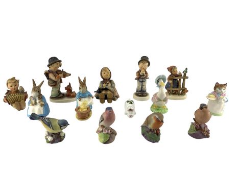 Five Hummel figures including child musicians etc, four small Royal Worcester birds, two Beswick Beatrix Potter figures with 