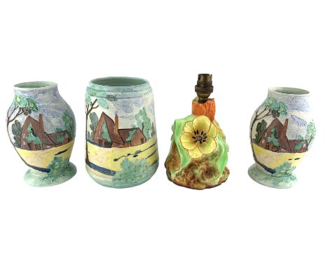 Three Art Deco Delcroft Ware pottery vases, painted and tube lined with landscape scenes, shape numbers 637 &amp; 642, H19cm,
