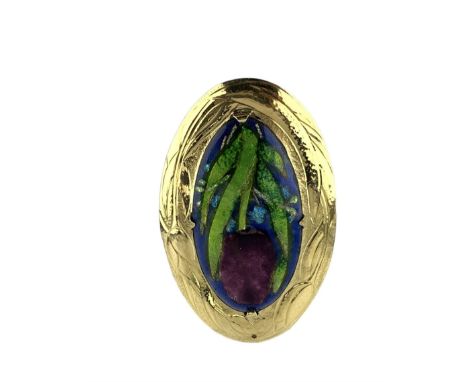 Modern 18ct gold pendant mounted with an oval Arts &amp; Crafts enamel panel of a tulip by H G Murphy, with tulip engraved de