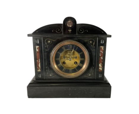French - 19th century  Belgium slate and marble 8-day mantle clock, with a shaped top, incised gilt decoration and inlaid mar