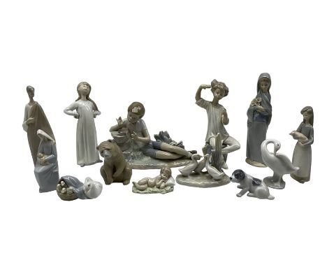 Ten Lladro models to include 'Girl with Brush' no. 1081, 'Pleasant Encounter' no. 4848, 'Good Bear' 1205 and other models, a 