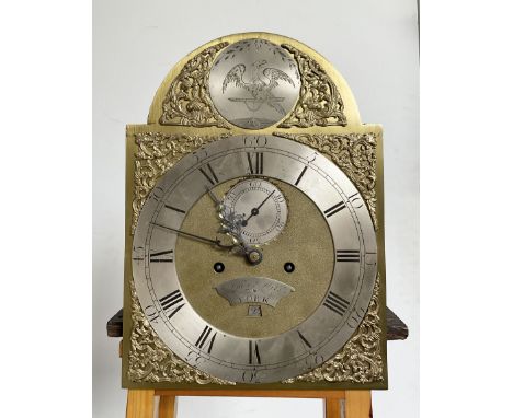 Jonas Hill of York - 18th century brass dial and 8-day movement, silvered chapter ring with Roman numerals, minute track and 