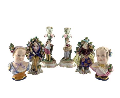 Pair of late 19th century Continental porcelain figural candlesticks H23cm, pair of bocage porcelain figures and a pair of Fr