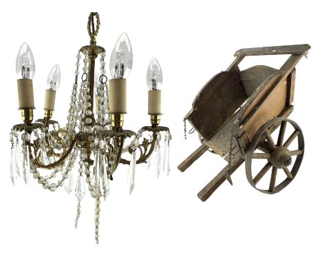 Gilt metal five branch ceiling light hung with lustre drops and a Victorian wooden toy cart, for repair (2)